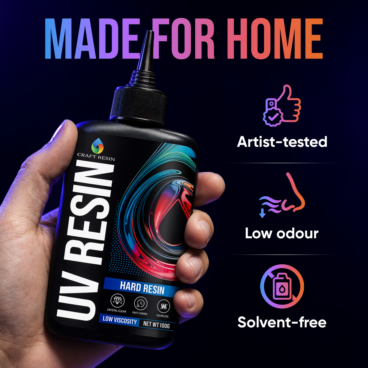 Craft Resin UV Resin Kit with Light for Jewellery highlighting non-toxic, no VOCs and odourless formula