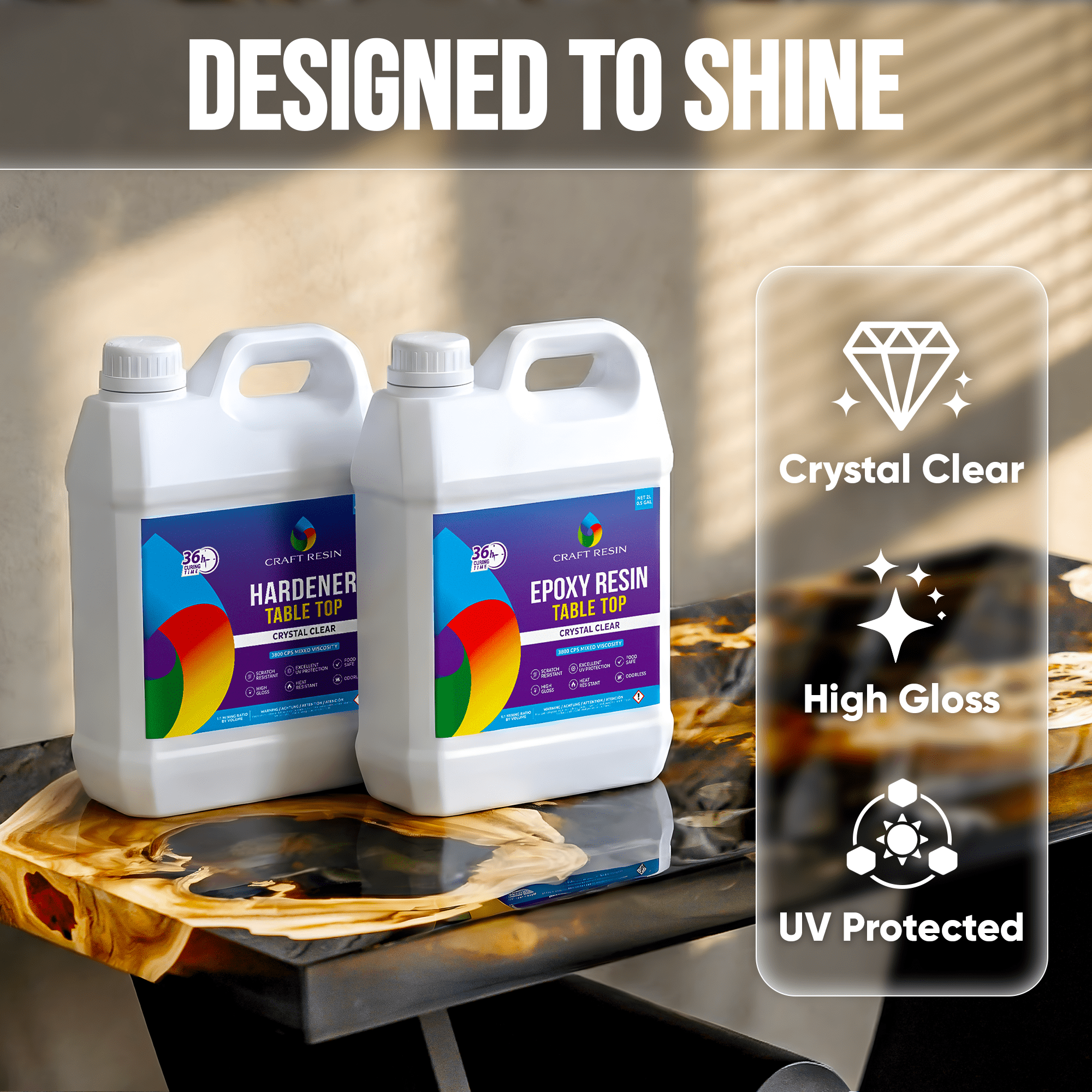 Self-levelling 8L table top epoxy for smooth coating on wide wooden surfaces
